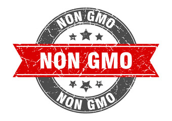 non gmo round stamp with red ribbon. non gmo