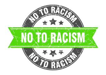 no to racism round stamp with green ribbon. no to racism