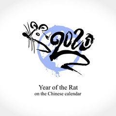 Hand drawn Rat 2020. Handwriting template with the inscription 2020 and Rat. Imitation of painting with brush. New Year on the Chinese calendar.