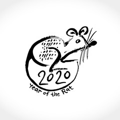 Hand drawn Rat 2020. Handwriting template with the inscription 2020 and Rat. Imitation of painting with brush. New Year on the Chinese calendar.