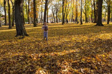 baby having fun in yellow foliage