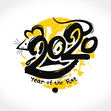Rat 2020. Handwritten template with the inscription 2020 and Rat on a background of yellow round stamp. Imitation of painting with brush. New Year on the Chinese calendar.