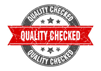 quality checked round stamp with red ribbon. quality checked