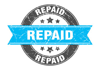 repaid round stamp with turquoise ribbon. repaid