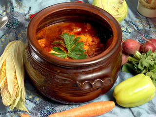 Stew in a ceramic brown pot