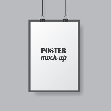 Vector poster mock up with black frame isolated on grey background with soft shadow. Realistic empty white poster template ready for your design. Binder keeps placard.