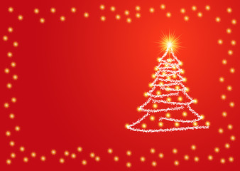 Christmas tree and shining stars on a red background. Christmas frame.