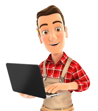 3d handyman standing and holding laptop
