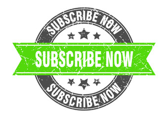 subscribe now round stamp with green ribbon. subscribe now