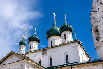 Russia, Golden Ring, Yaroslavl: Famous old onion domed Church of Elijah the Prophet (Khram Il'i Proroka) from below in the city center of the Russian town with blue sky in the background.
