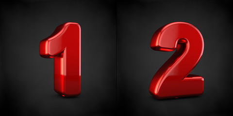 Red numbers 1 and 2 isolated on black background