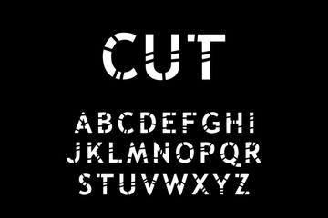 Cut hand drawn vector type font in cartoon comic style black white contrast
