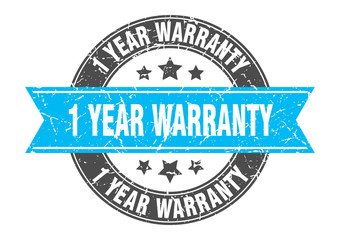 1 year warranty round stamp with turquoise ribbon. 1 year warranty