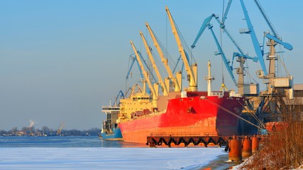 cargo ships (Bulk carriers) loading in cargo terminal of Riga