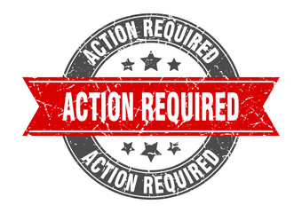 action required round stamp with red ribbon. action required