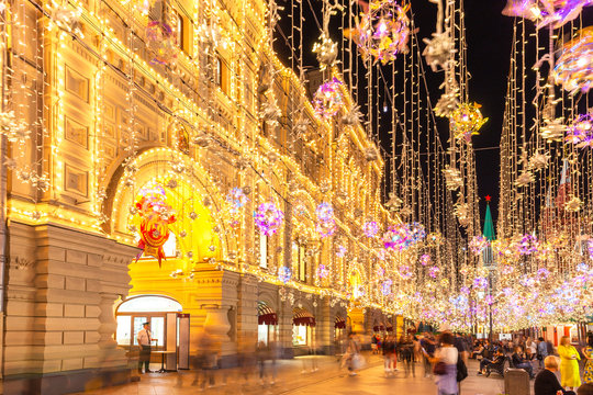 Illuminated Nikolskaya street and the GUM store, Moscow, Russia