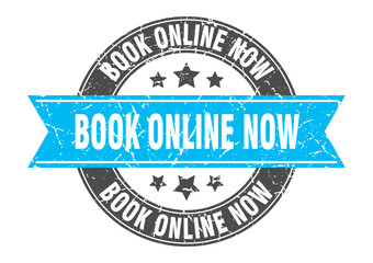 book online now round stamp with turquoise ribbon. book online now