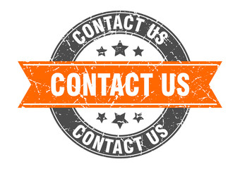 contact us round stamp with orange ribbon. contact us