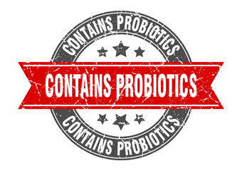 contains probiotics round stamp with red ribbon. contains probiotics