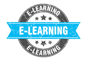 e-learning round stamp with turquoise ribbon. e-learning