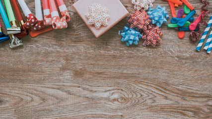 Colorful celebration background with various party confetti, Flat lay