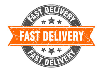 fast delivery round stamp with orange ribbon. fast delivery