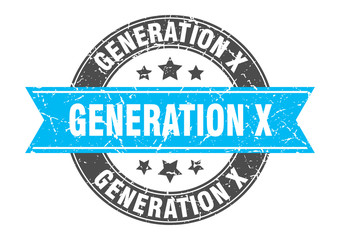 generation x round stamp with turquoise ribbon. generation x