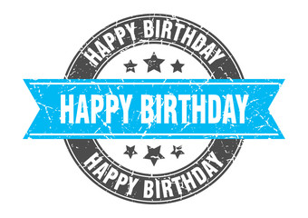 happy birthday round stamp with turquoise ribbon. happy birthday