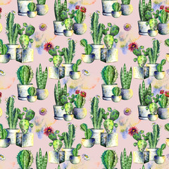 Watercolor painted blooming cacti in pots on a dusty pink background. Seamless pattern for printing...