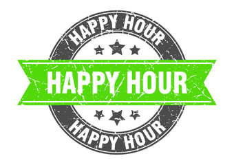 happy hour round stamp with green ribbon. happy hour