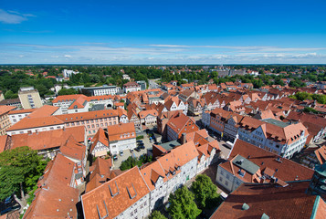 Beautiful medieval buildings of Celle in summer season, aerial view, Germany