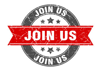 join us round stamp with red ribbon. join us