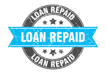 loan repaid round stamp with turquoise ribbon. loan repaid