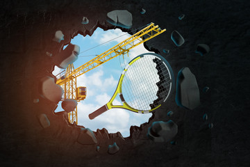 3d rendering of hoisting crane carrying tennis racket which is breaking through black wall with blue sky seen through.