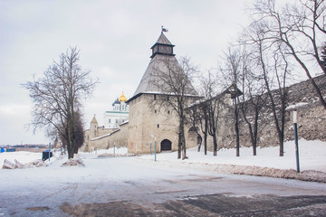 Fototapeta na wymiar Ancient walls of the Pskov Kremlin. Russia. January 2019.