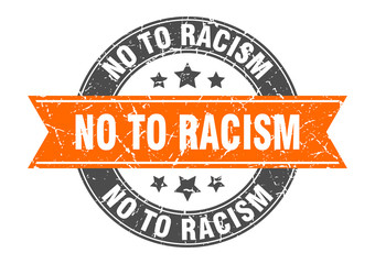 no to racism round stamp with orange ribbon. no to racism