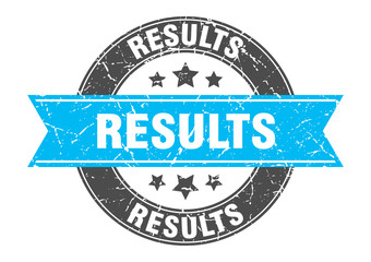 results round stamp with turquoise ribbon. results