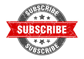 subscribe round stamp with red ribbon. subscribe