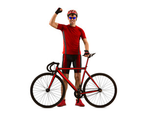 Cyclist man cycling riding bicycle standing smiling isolated