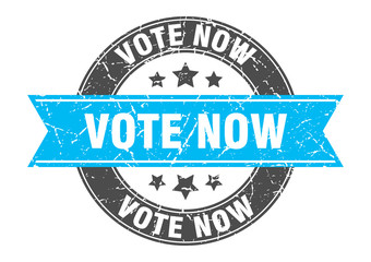 vote now round stamp with turquoise ribbon. vote now