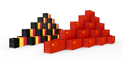 3D Illustration of the group Cargo Containers with Belgium and China Flag on white background. Delivery, transportation, shipping freight transportation