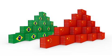 3D Illustration of the group Cargo Containers with Brazil and China Flag on white background. Delivery, transportation, shipping freight transportation.