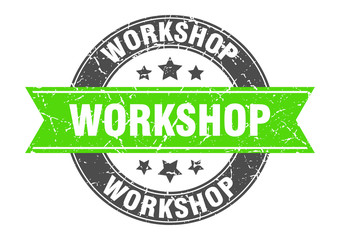 Obraz premium workshop round stamp with green ribbon. workshop