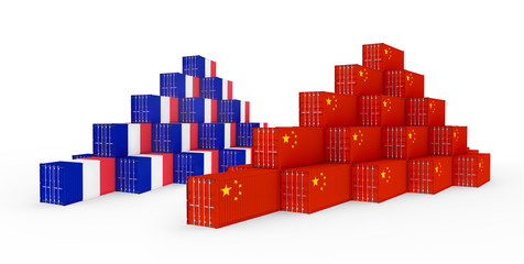 Fototapeta premium 3D Illustration of the group Cargo Containers with France and China Flag on white background. Delivery, transportation, shipping freight transportation.