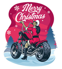 chrismas greeting women in santa claus costume riding chopper motorcycle