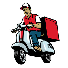 dalivery service worker riding vintage scooter