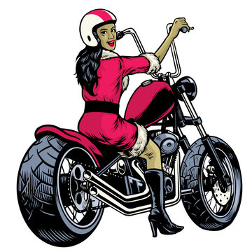 hand drawing women dressed in santa claus costume and riding chopper motorcycle