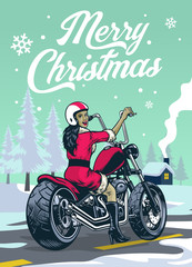 lady biker in santa claus costume at the middle of christmas winter