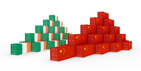 3D Illustration of the group Cargo Containers with Ireland and China Flag on white background. Delivery, transportation, shipping freight transportation.