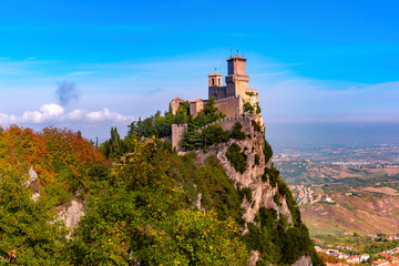 Fototapeta na wymiar First tower Guaita fortress in the city of San Marino of the Republic of San Marino in sunny day